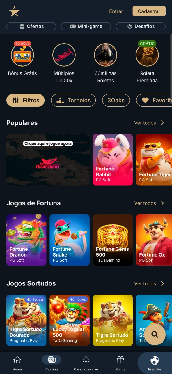 Explore a seção de cassino no aplicativo Estrela Bet.
