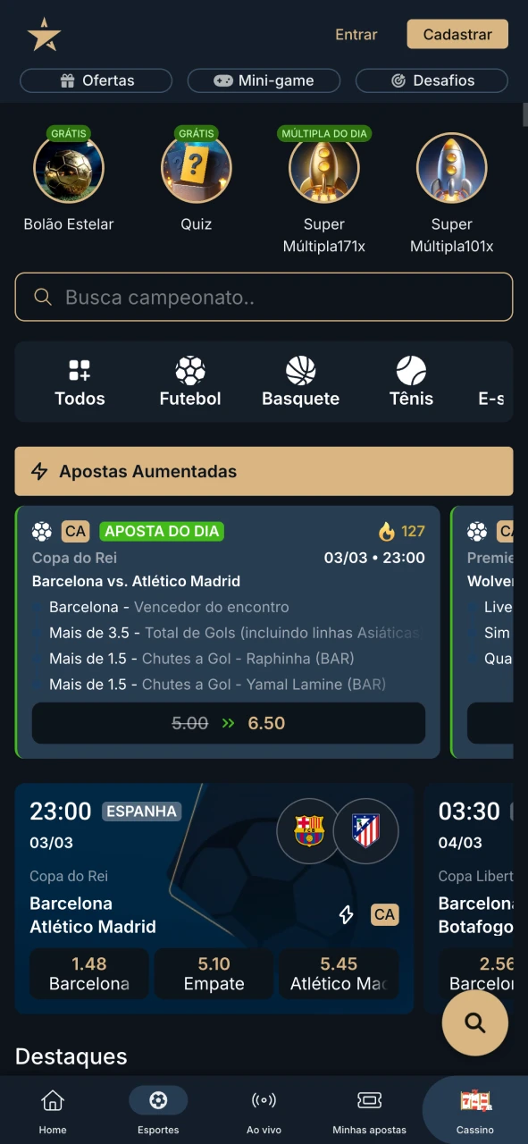 Aposte em esportes com o aplicativo Estrela Bet.