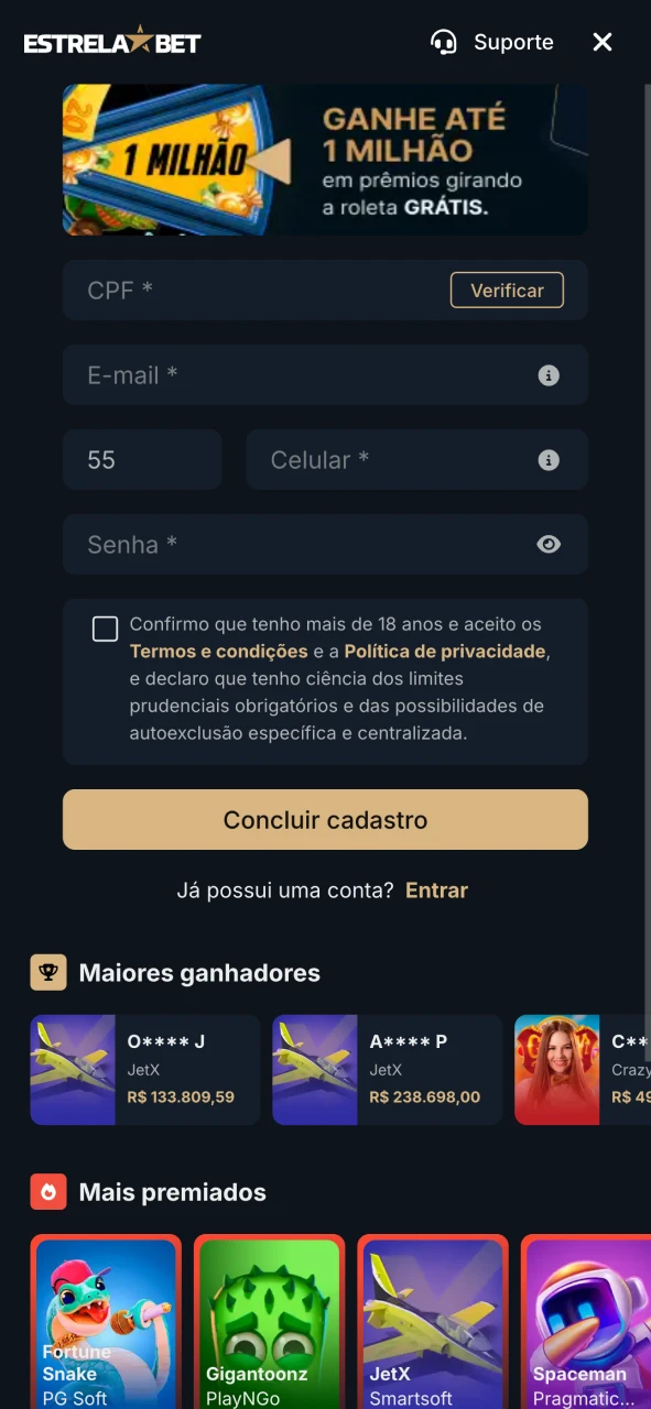 Cadastre-se no aplicativo Estrela Bet para acessar todos os benefícios.