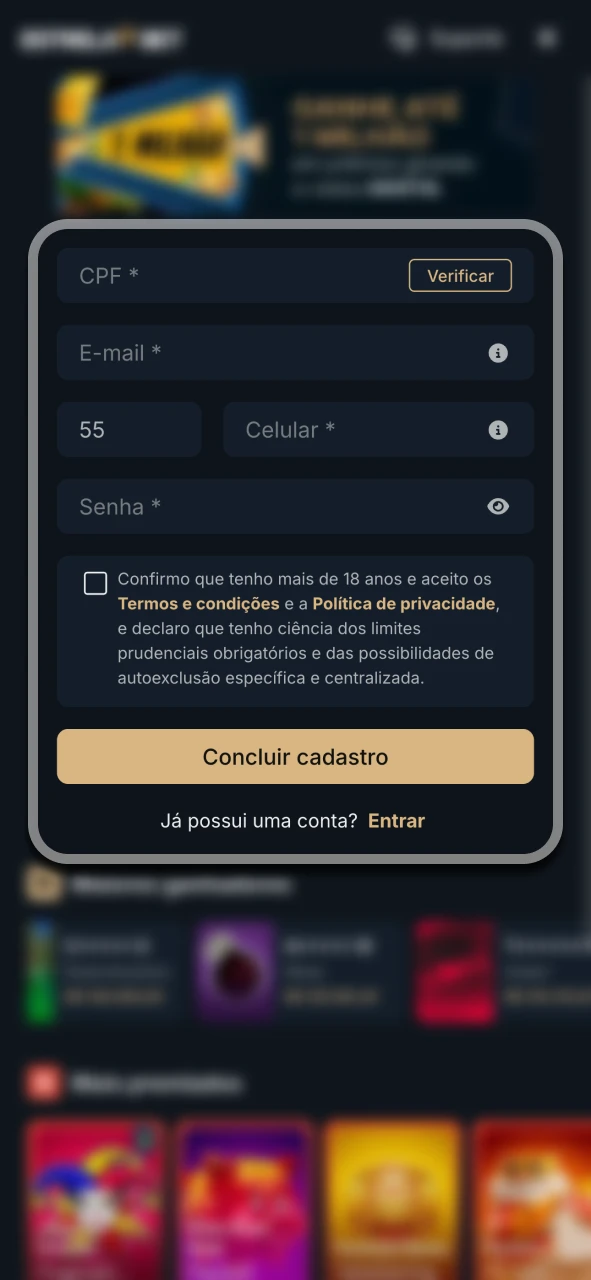 Crie seu perfil preenchendo o formulário de cadastro na Estrela Bet.