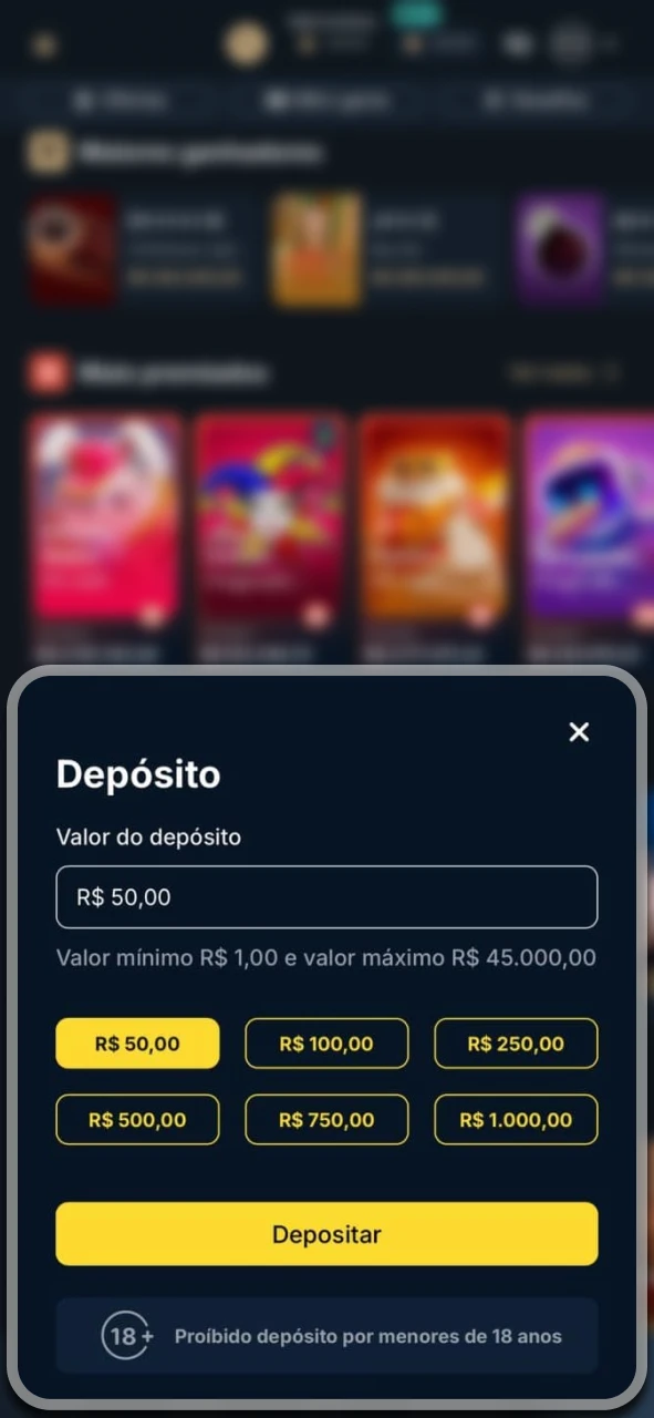 Selecione o valor do pagamento e conclua o depósito na Estrela Bet.