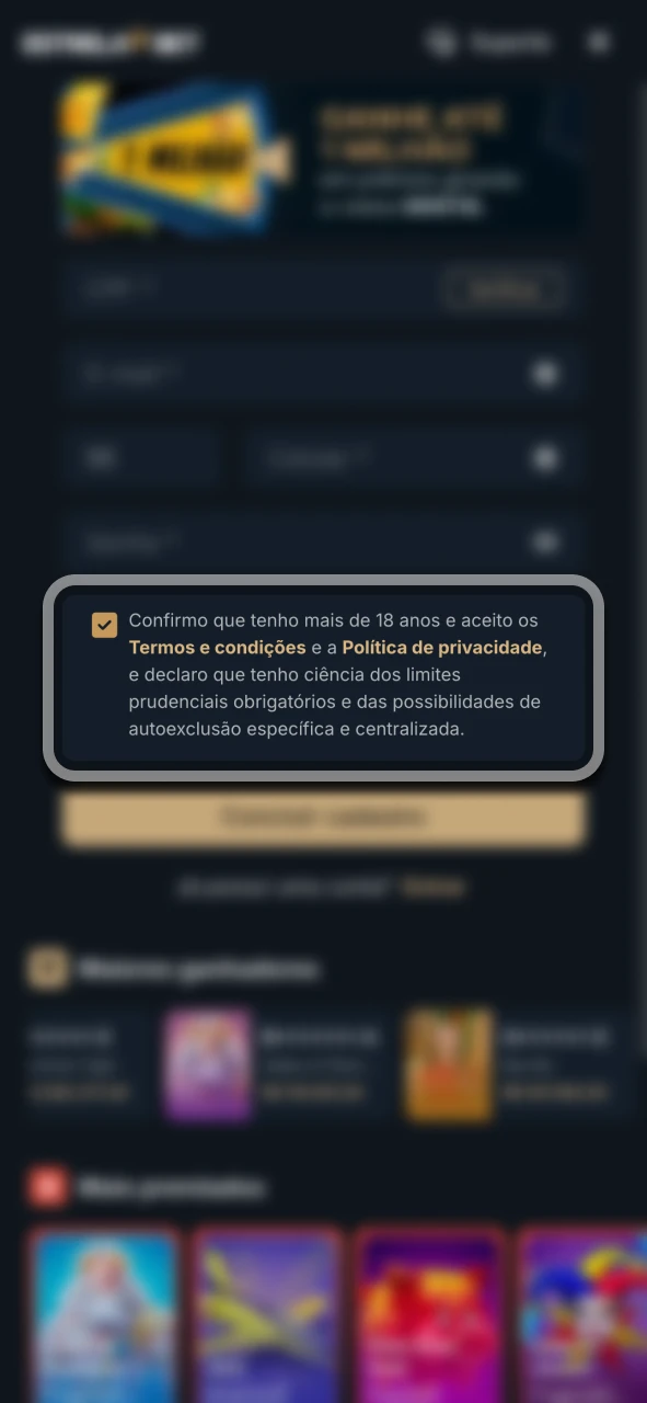 Marque a caixa para aceitar os termos da Estrela Bet.