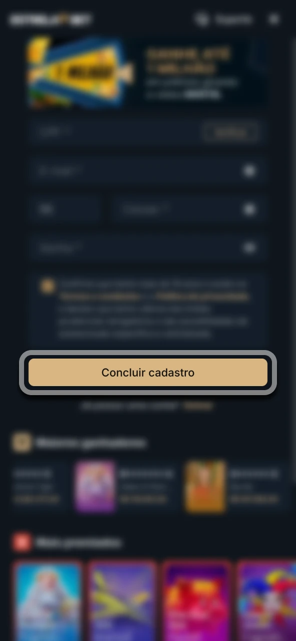 Conclua a criação da sua conta pessoal Estrela Bet.