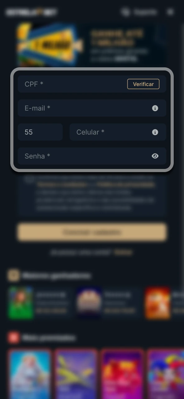Insira suas informações pessoais na plataforma Estrela Bet.