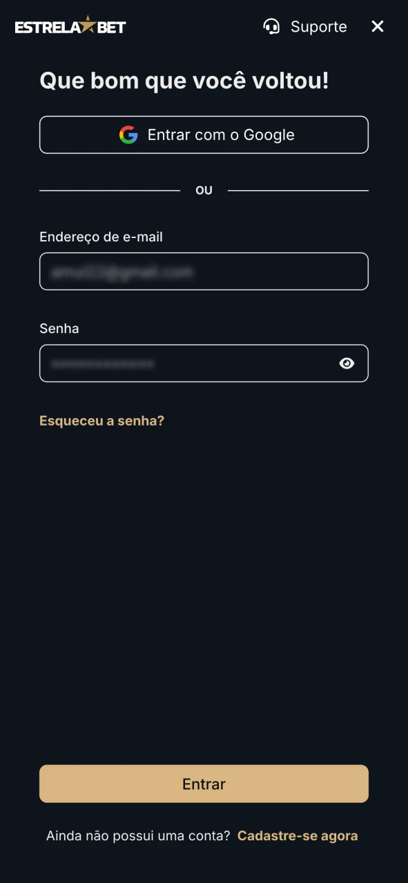 Faça login na Estrela Bet usando seu e-mail e senha.