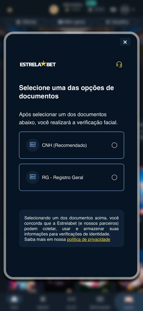 Confirme seu perfil na Estrela Bet utilizando os documentos anexados.