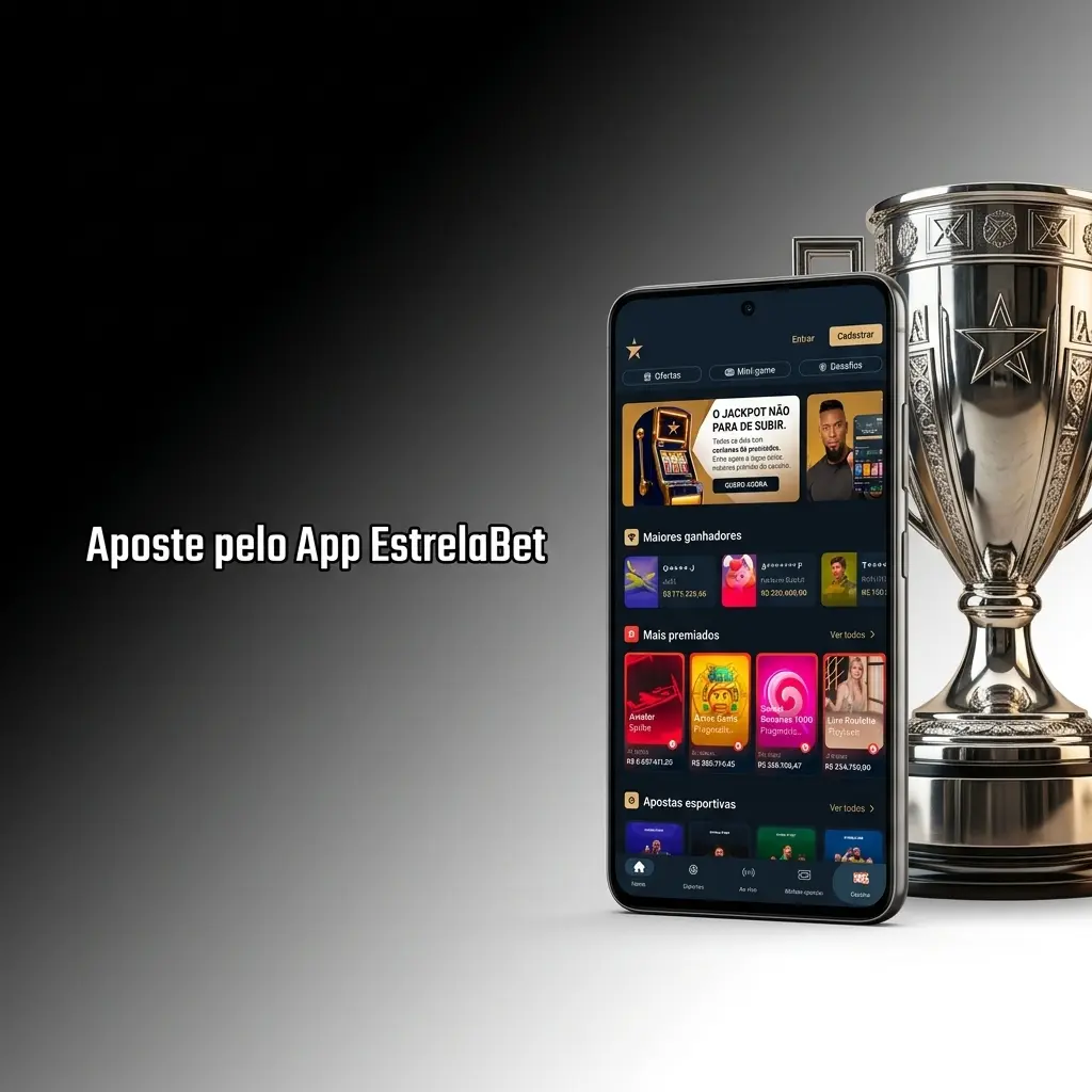 Tela do app EstrelaBet com opções de apostas esportivas e cassino, exibindo eventos e bilhete de apostas
