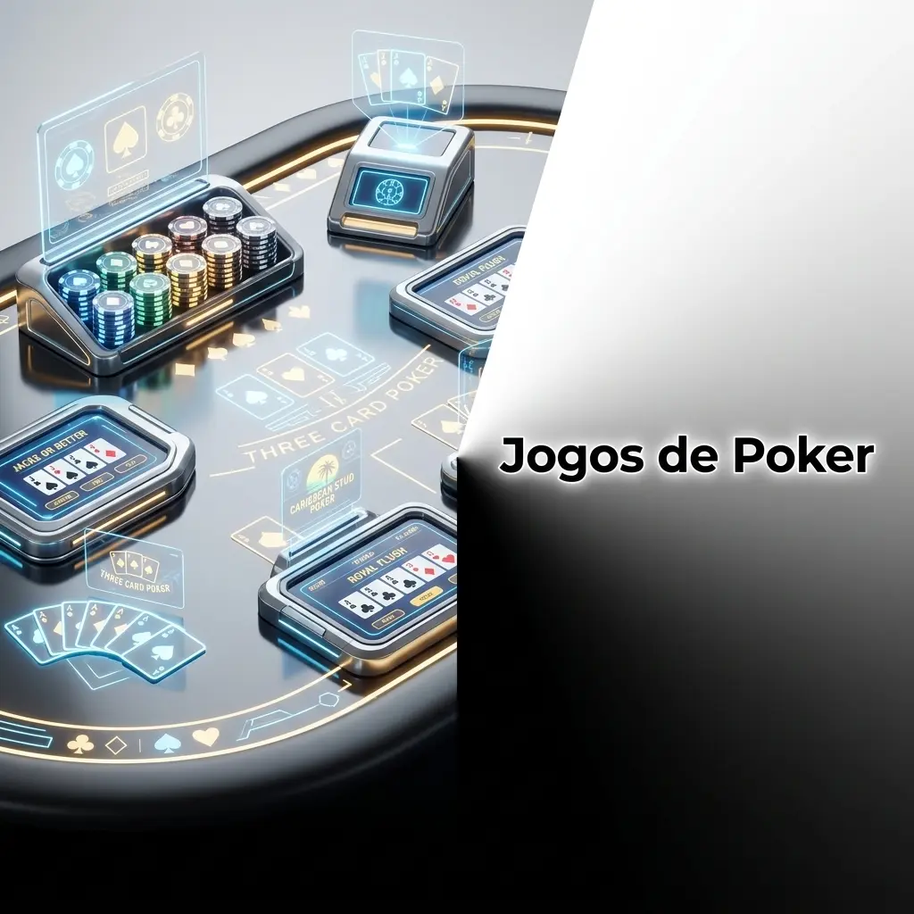 Mesa de poker virtual com cartas e fichas, representando jogos como Casino Hold'em e Jacks or Better na EstrelaBet